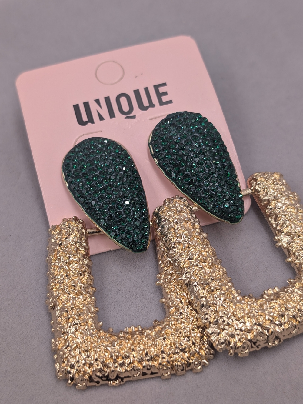 Unique Emerald Green Rhinestone Gold Textured Geometric Statement Earring M365